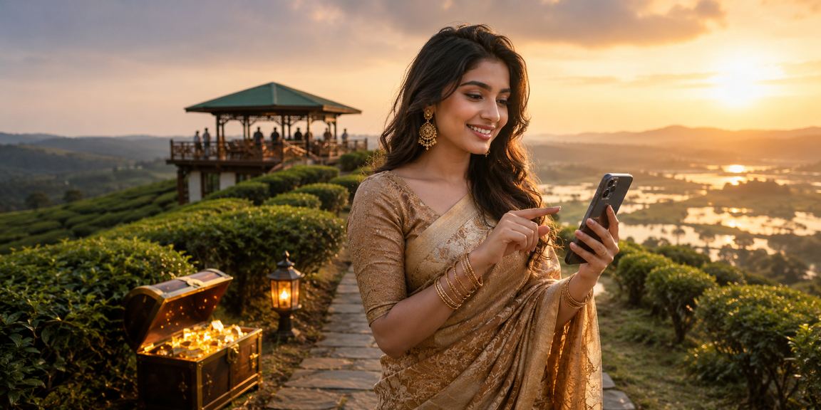 সিলেটের চা বাগানের পাশে মোবাইলে লটারি খেলছেন একজন ব্যবহারকারী